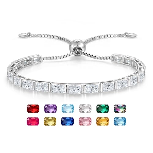 Radiant Cut Birthstone Tennis Bracelets for Women, Adjustable 6–9 Inches White Gold Plated Sterling Silver Bracelet, Hypoallergenic Anniversary Birthday Valentine’s Day Gift for Her - color: 04-Simulated Diamond