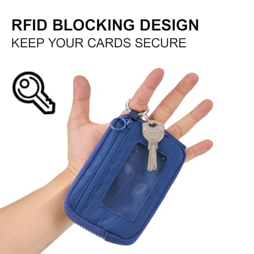 Wristlet Wallet for Women Mini Zip Card Case with Clear ID Window Zipper Coin Purse Lightweight Portable Keychain Wallet - color: Darkbule