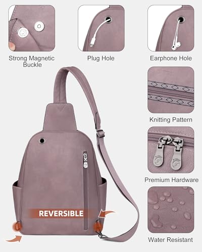 FADEON Large Sling Bag for Women, Leather Crossbody Purse Designer Anti Theft Sling Backpack, RFID Fanny Packs for Travel - color: Purple Retro Style