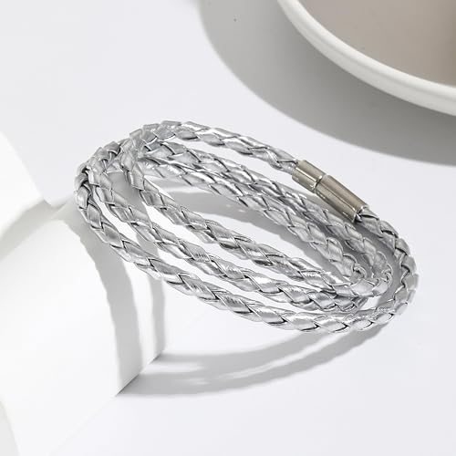 Long tiantian Boho Bracelets for Women Western Jewelry for Women Leather Wrap Bracelets Stackable Bangle Western Outfit for Women - color: mens bracelet(silver)