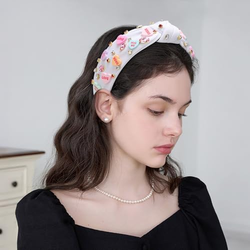 WantGor Pearl Knotted Headband, Women Rhinestone Embellished Hairband Elegant Wide Top Knot Bride Headbands Headpieces Party Fashion Elegant Ladies Hair Band Hair Hoop Accessories (Valentine White) - color: Valentine White