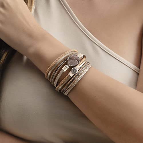 Artilady Leather Wrap Bracelets for Women - Pearl Bracelets Handmade Clasp Bangle Bracelet with Beads Jewelry Gift for Women and Mother - style: Brown with druzy