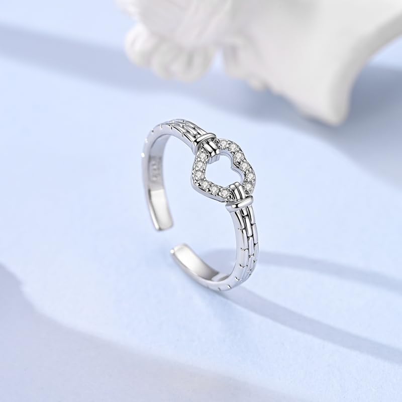 PARCOM Adjustable Women Stackable Ring, 925 Sterling Silver Open Rings - Trendy Eternity Cubic Zirconia Stackable Band Engagement Promise Ring for Her, Hypoallergenic Non Tarnish Nature Bird Floral Thumb Rings - color: Heart Link