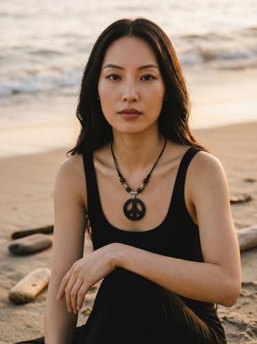 LAVIP Peace Sign Pendant Necklace, Black Cord with Wooden Beads, Boho Style - color: Black