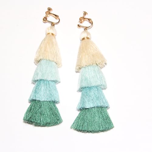 Clip on Earrings, Lightweight Colorful Layered Tassel Bohemian Statement Tiered Big Dangle Drop Earrings for Women, Non Pierced, Boho Jewelry - color: Green