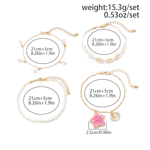 Fashion Layered Flower Charm Anklet for Women Golden Cuban Link Chain Tassel Waterproof Ankle Bracelet Adjustable Beach Vacation Foot Jewelry Summer Accessories - color: Pearl white