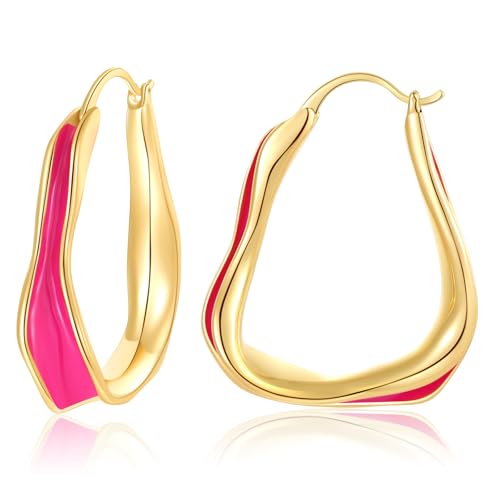 Chunky Hoop Earrings for Women Thick Minimalist Geometric Huggie Hoop Earrings Dainty Thick Y2K Preppy Earrings - style: irregular wave hot pink
