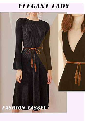 TeeYee Women Girls Multi Colors Braided Waist Tie Belt/Rope/Chain with Tassel Fringe Wrap Cloth Belts for Ladies Dress Pants - color: Tan
