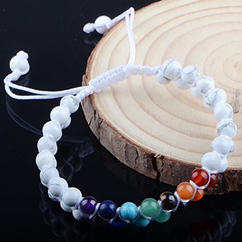 MASSIVE BEADS Double Layer Natural Chakra Healing Power Crystals Macrame Bracelet Yoga Stone Beads Gemstone Meditation Relax Anxiety Bangle for Unisex Women Men - color: 7-Chakras&Howlite, size: 6mm