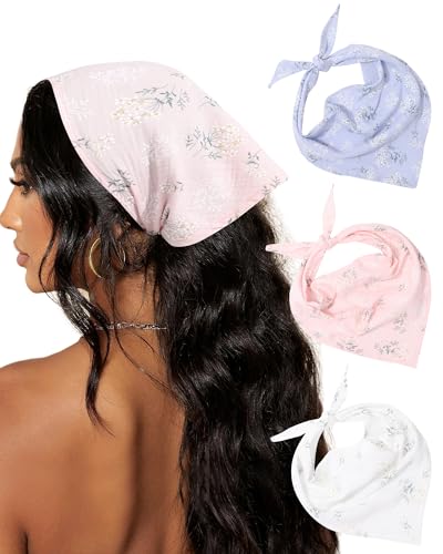 AWAYTR 3Pcs Hair Bandanas Head Kerchief for Women Girls Tie-Back Boho Hair Scarf Headband Bandana Triangle Head Scarf - color: Flower - White + Blue + Pink