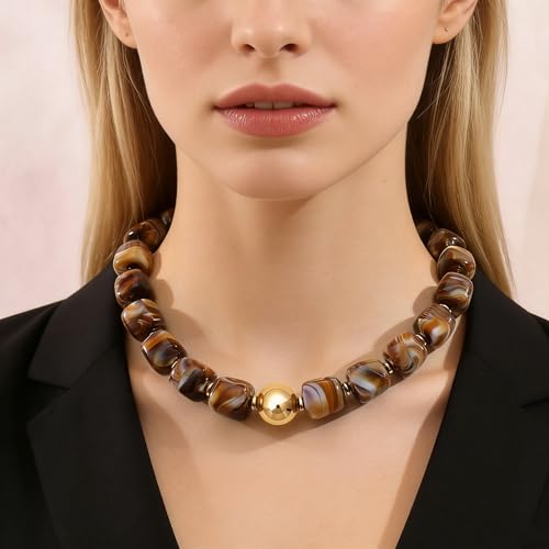 Chunky Beaded Necklace for Women Boho Colorful Statement Choker Necklaces Summer Beach Resin Jewelry Accessories - color: Dark Brown