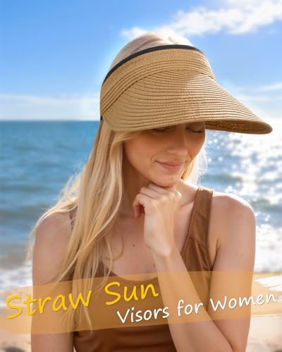 Senker Fashion Sun Hats Visor for Women, Straw Beach Hat Adjustable Wide Brim Ponytail Packable for Summer Travel UPF 50+ - color: Khaki