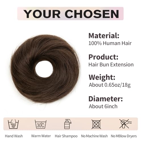 Human Hair Messy Bun Hair Piece, Dark Brown Scrunchie with Elastic Band, Quick Easy 30s Updo, Volume Booster Hair Bun Extension for Women Daily Work Kids Party, Natural Realistic Look - color: Dark Brown, size: 4 Inch