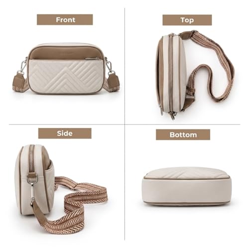 Vantamo Premium Quilted Crossbody Bags for Women with Anti-Pickpocket Clip, Vegan Leather Handbags, Travel Purses for Women - color: White & Stone With Jacquard Strap