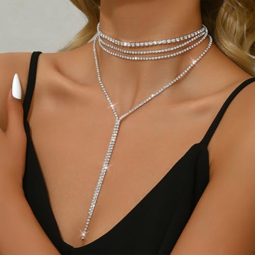 Statement Layered Sparkly Crystal Choker Black Long Tassel Y Necklace for Women, Dainty Multilayer Silver Bling Rhinestone Necklaces Prom Jewelry Gift - color: Silver