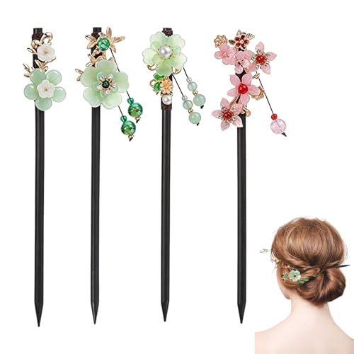 4Pcs Japanese Hair Pin,Chinese Retro Wooden Hair Stick Fork,7" Asian Hairs Accessories with Flower Bead Pendants Vintage Tassel for Long Thick Hairstyle Bun(Multi-colored)