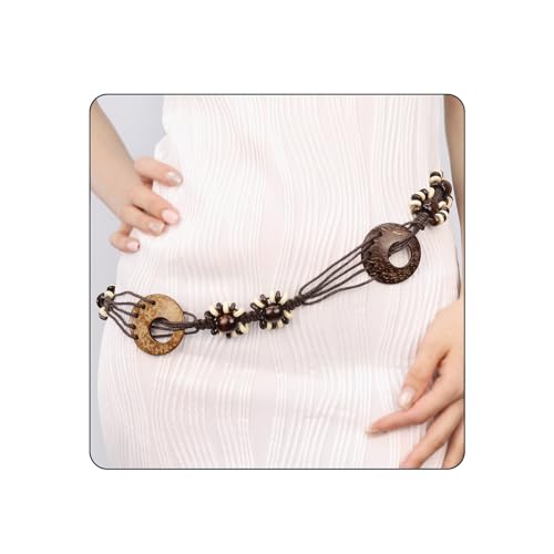 Women Braided Waist Belt Boho Woven Belt with Wooden Beads and Ring Clasp Vintage Long Tassel Rope Tie Belt for Dress - color: Brown 2