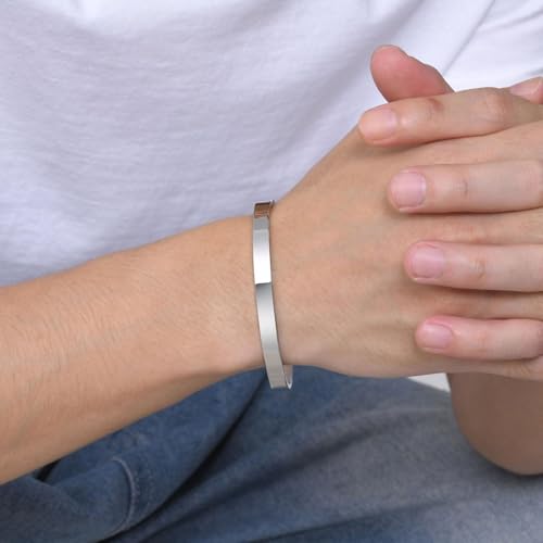 MEALGUET Stainless Steel Mens Cuff Bracelet : Minimal Cool Silver/Black/Gold Plated Open Metal Cuff Bangle Bracelets for Men,Mens Bracelet Jewelry Gift - color: Silver-Single, size: Large( fit 7" to 8.5" wrist)