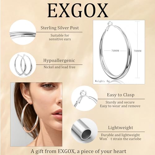 EXGOX Sterling Silver Hoop Earrings - Hypoallergenic, Lightweight, Chunky, 14K Real Gold Plated, Big Large Hoops for Women - color: Chunky&Silver hoop 70mm