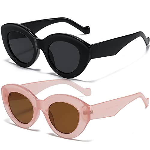 AIEYEZO Oversized Cat Eye Sunglasses for Women Cute Oval Thick Frame Cateye Sun Glasses Chic Retro Style Shades - color: 2 Set (Black + Pink)