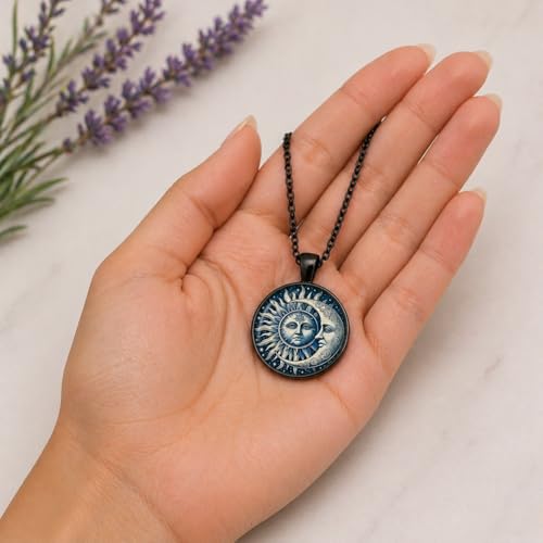 1pc Stunning Round Pendant Necklace - Unique Sun & Moon Pattern, Oil Painting Style Glass Mosaic, Alloy Construction, Trendy Sweater Chain, Fashionable Gift for Women - Christmas or Birthday Gift - color: Blue Sun/Moon