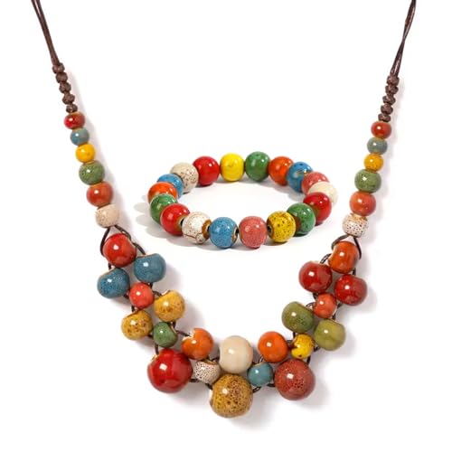 KURTCB Boho Hippie Ceramic Beaded Necklace Bracelet Colorful Statement Chunky Beads Strand Necklace Bracelet Thanksgiving Fall Autumn Jewelry for Women - style: Style 1