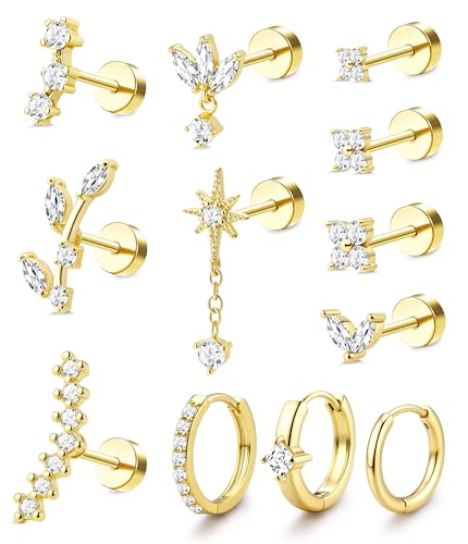 ORAZIO 16 Gauge Cartilage Earrings for Women Flat Back Hypoallergenic Surgical Steel Small Flatback Stud Hoop Cartilage Earring Stack Set Daith Conch Tragus Helix Piercing Jewelry Single PC - color: 14K Gold Plated