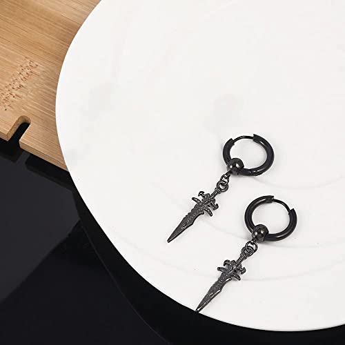 Sword Drop Dangle Small Hoop Earrings for Women Men Stainless Steel Engrave Dagger Halloween Statement Charms Drop Dangling Hoops Cuff Cartilage Wrap Vintage Punk Pray Jewelry - color: Black