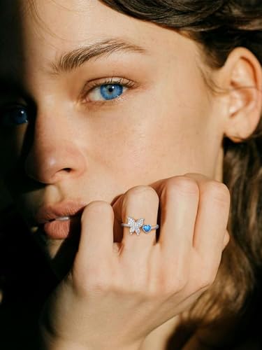 Bestyle 925 Sterling Silver Butterfly Ring Hypoallergnic Adjustable Birthstone Rings for Women Butterfly Jewelry Gifts for Anniversary Mothers' Day Birthday - color: 12.December (Blue Topaz)