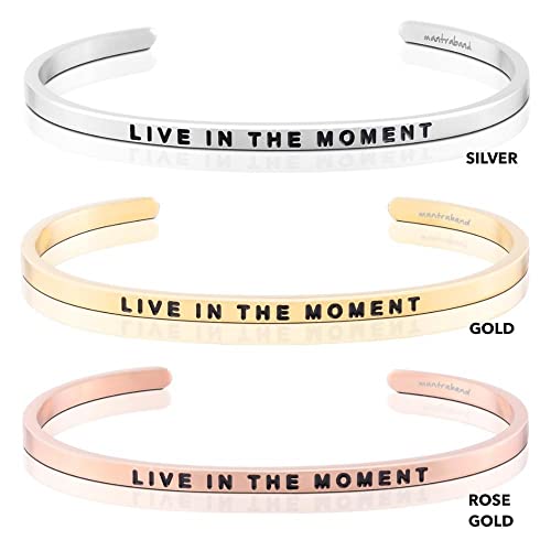 MantraBand - Mantra Band Bracelet - Gold color - Inspirational Engraved Adjustable Cuff - Gifts for Women, Sisters, Friends, Family - style: LIVE IN THE MOMENT