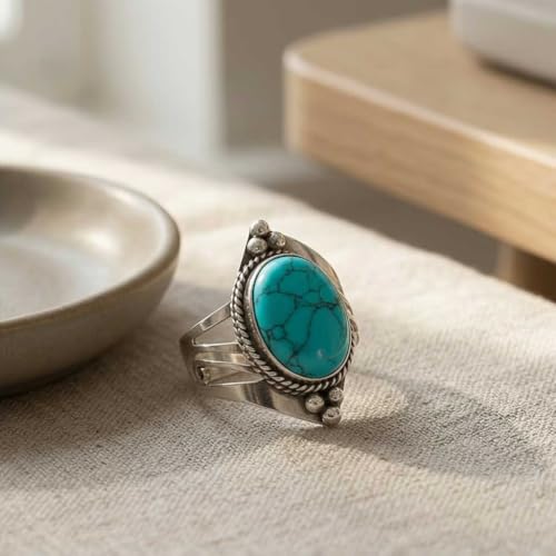 Handmade 925 Sterling Silver Plated Ring Natural Gemstone Carnelian, Rose Quartz, Tiger Eye, Crystal Oval Boho Jewelry For Women - color: Turquoise