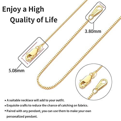 Jewlpire 18K Gold Plated 925 Sterling Silver Chain Necklace for Women Girls, 0.8mm Box Chain Lobster Claw Clasp-Super Thin & Strong Necklace Chain 16/18/20/22/24 Inch - color: 18k gold plated, size: 16 Inch