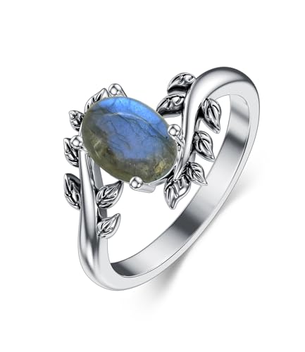 Genuine Turquoise Ring for Women Western Oval Gemstone Jewelry 925 Sterling Silver Leaf Bohemian Boho for Her Wife Mom - color: Labradorite
