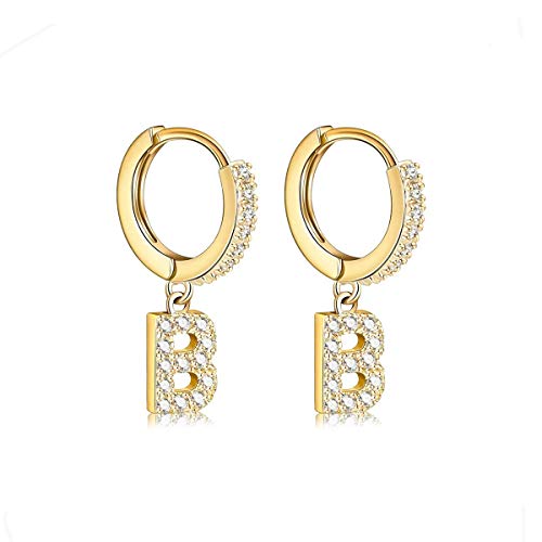 14K Gold Plated Cubic Zirconia Initial Earrings Delicate Small Hoop Earrings Hypoallergenic Letter Earrings for Women - style: B