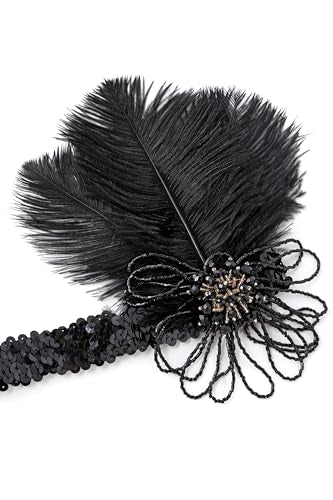 BABEYOND 1920s Feather Flapper Headband - Vintage Sequin Headpiece for Gatsby Party Roaring 20s Costume Accessories - color: Black