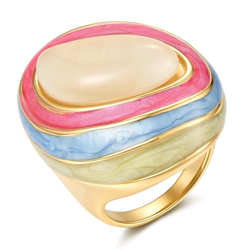YeGieonr Gold Rings for Women Non Tarnish - 18K Gold Plated Stainless Steel Chunky Oval Statement Ring, Dainty Thick Waterproof Stackable Ring - color: Rainbow Dome, size: 6