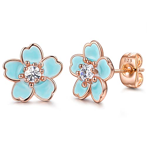 Pink Flower Earrings for Women, 925 Sterling Silver Stud Earrings, Cute Plumeria Earrings For Women, Cherry Blossom Hypoallergenic Stud - color: *Blue