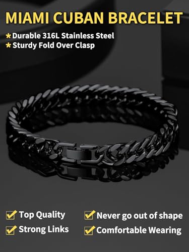 ChainsHouse Stainless Steel Cuban Link Bracelet, 8mm/12mm/17mm Width, 7.5"/8.3"/9", 18K Gold Plated Chain Wrist Bracelets for Men Women, Send Gift Box - color: F: Black-8mm width