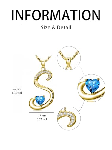 Birthday Gifts for Women 18k Gold Initial Necklaces for Women Simple Alphabets Letters with Birthstone Pendants Name Jewelry Anniversary Wedding Gifts for Sister Daughter Her (with Gift Box) - color: 12-Dec-Blue Topaz, style: Letter S