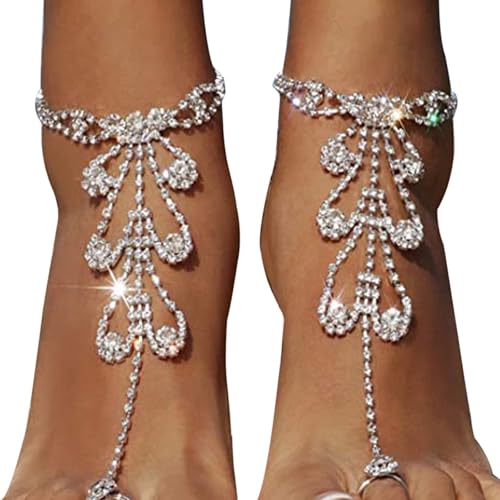 Summer Barefoot Sandals with Foot Chain Jewelry, Crystal Toe Ring Anklets & Bridal Rhinestone Foot Chain for Women (Silver)