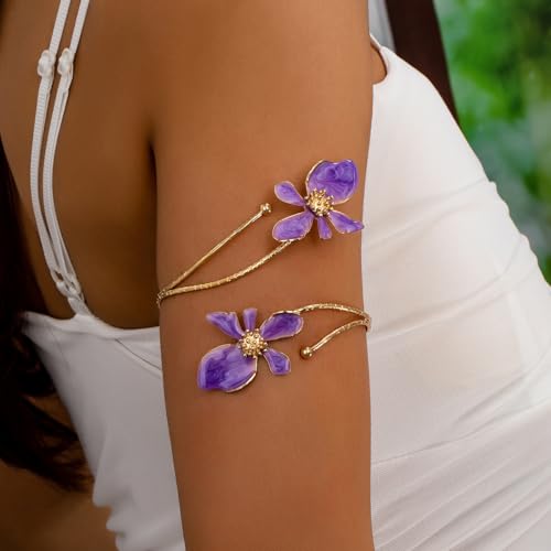 Flower Arm Cuff Bracelets for Women Adjustable Gold Upper ArmBand Jewelry Boho Floral Open Wrap Statement Bangle Bracelet Arm Cuff Jewelry Gifts for Women - color: Purple