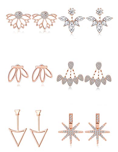 Tornito 6-12 Pairs Lotus Flower Earring Studs Chic CZ Earrings Jackets For Women Silver Rose Gold Tone - color: D:6 Pcs, Rose Gold Tone