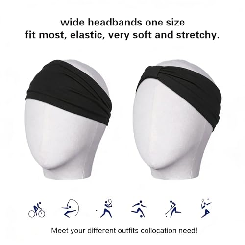 2 Pack Black Wide Headbands for Women - Thick Stretchy Non Slip Fabric Sweat Bands, Soft Hair Bands for Workout, Running, Spa, Makeup & Washing Face - color: 2 Color (Black+Black)