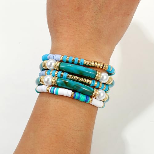 Elegance 11 designs colorful bracelets for women Surfer Thick Tube Heishi Summer Beach Beaded Stackable Boho Stretch Bracelets - color: Resin Blue