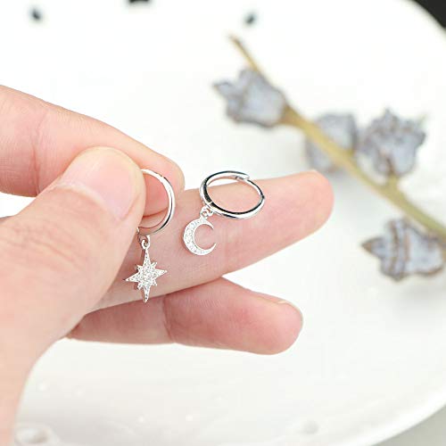 MILACOLATO 925 Sterling Silver Hoop Earrings for Women 18K Gold/Rhodium Plated Drop Dangle Hoop Earrings with Charms Cross Spike Moon Star Paperclip Link Statement Earrings Convertible Link Huggie Earrings Hypoallergenic - color: Silver Tone : 1Pairs CZ S