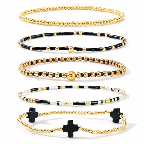 Gold Beaded Cross Bracelet for Women, 14K Plated Adjustable Stackable Dainty Bracelets, Non Tarnish Fashion Jewelry Set Gifts for Women Birthday Friendship - color: Colors-10