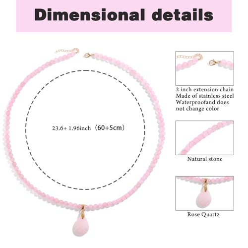 Healing Crystal Necklaces for Women Trendy Natural Stone Beaded Long Pendant Necklaces for Womens Handmade Bohemian Fashion Necklace Jewelry Gift - color: Rose Quartz