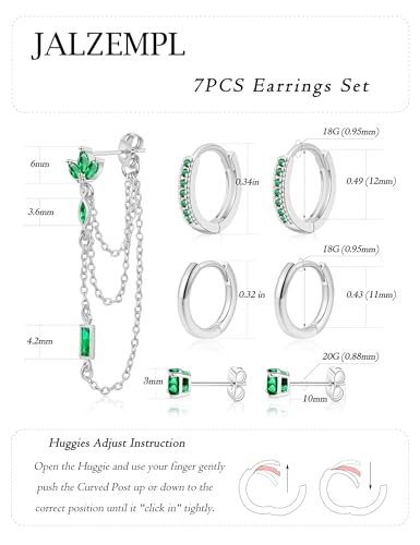 7Pcs Earring Stacks Cartilage Helix Flat Back Hoop Set For Women Stud Small Huggie Chain Multiple Piercing 14K Gold Plated Jewelry Triple Cubic Zirconia - color: Silver (Emerald), size: Butterfly