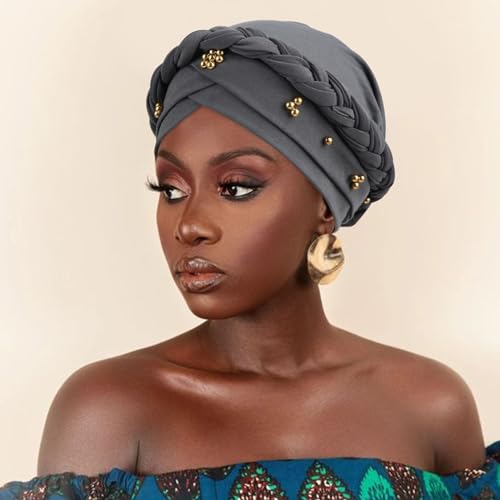 African Women Turban Caps Pre-Tied Twisted Turbans Head Scarf for Women Hair Wraps Cover Beanie Cancer Chemo Headwear - color: 1 Pack Twisted Braid A: Gold Bead Grey