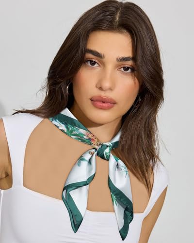 AWAYTR 27.5” Square Satin Head Scarf Hair Scarf for Women's Hair Silk Bandana for Women Silk Head Wrap for Sleeping - color: Flower (Dark Green)